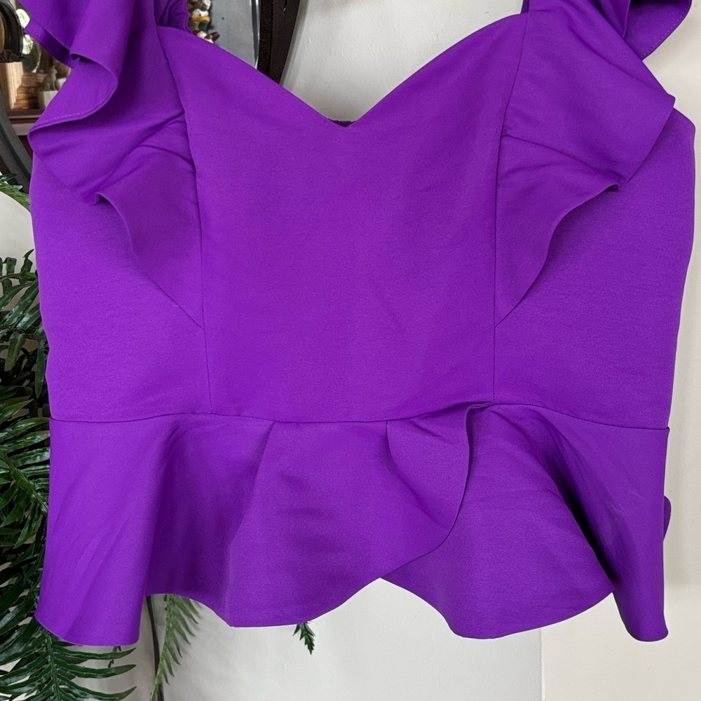 Brand New Express Purple Ruffle Crop Top Smocked Stretch Back Tailored Blouse - Picture 4 of 14